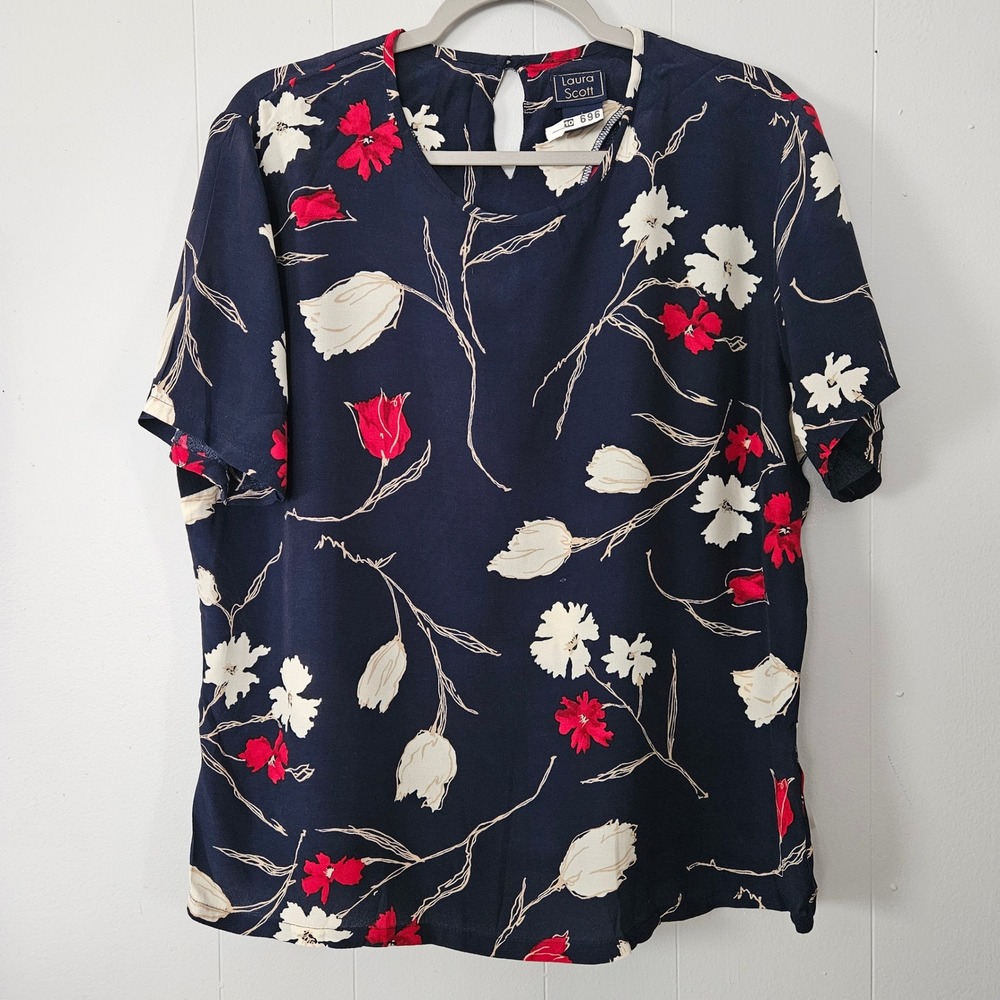 Laura‎ Scott Floral Blouse Womens L Lightweight Short Sleeve Vintage Made in USA